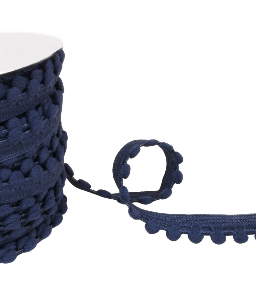 25m spool of elastic with navy blue pompoms 13mm