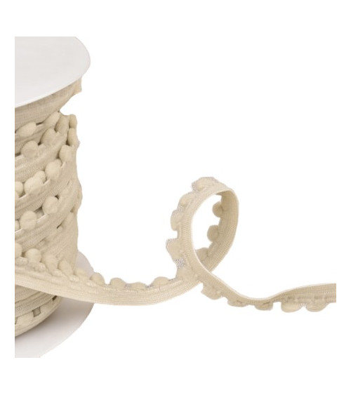25m spool of elastic with beige linen pompoms 13mm