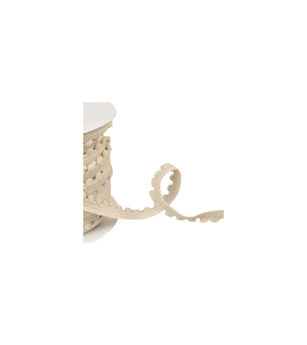 25m spool of elastic with beige linen pompoms 13mm