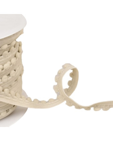 25m spool of elastic with beige linen pompoms 13mm