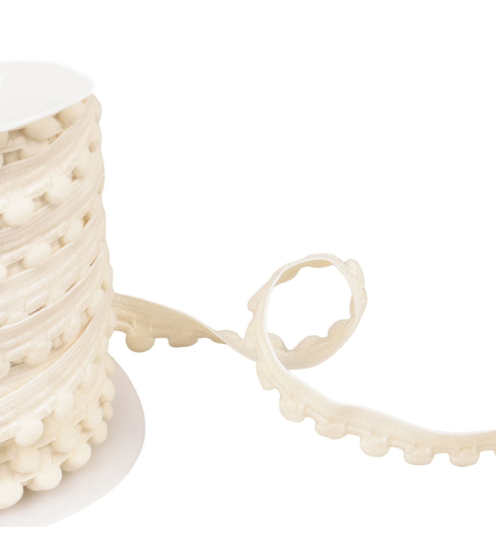 25m spool of elastic with 13mm ecru pompoms