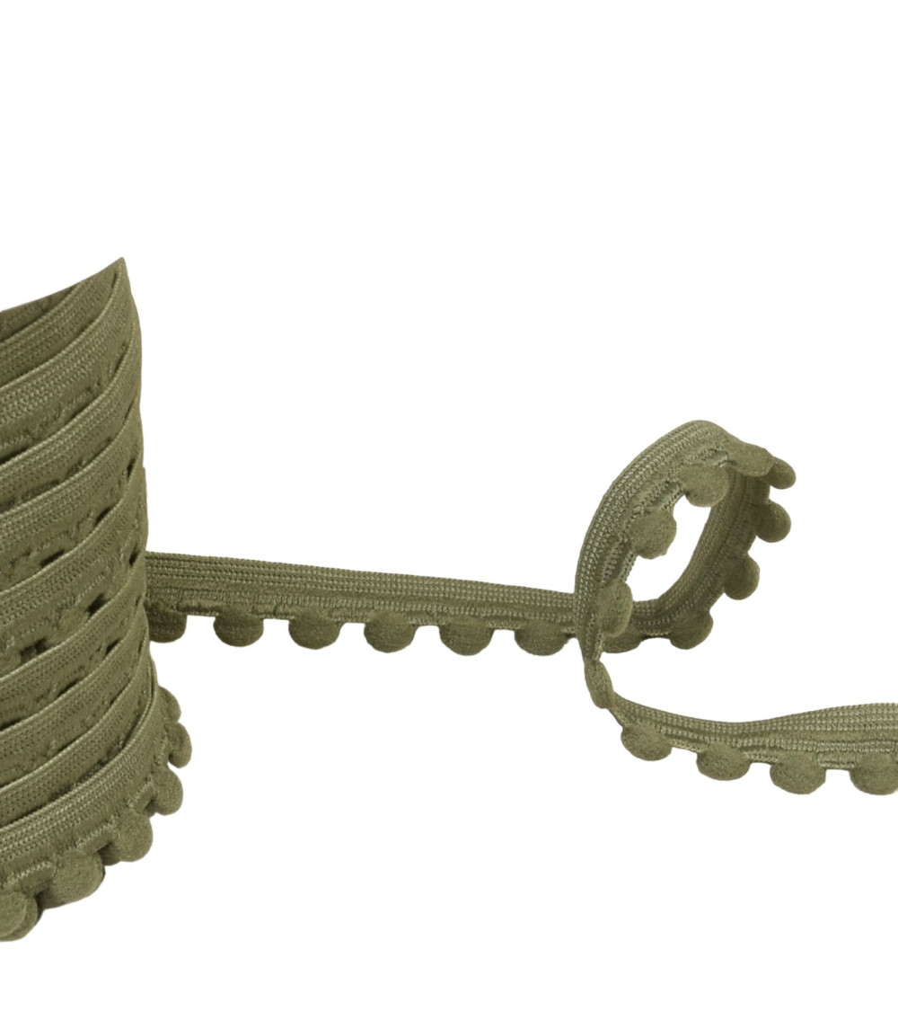 Bobina di elastico da 25 m con pompon verde kaki da 13 mm