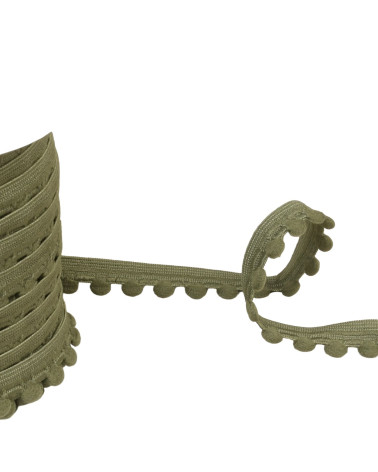25m spool of elastic with khaki green pompoms 13mm