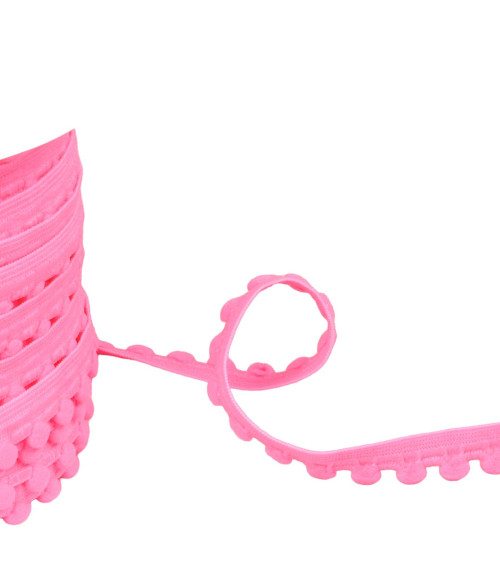 Bobine 25m élastique à pompons rose fluo 13mm