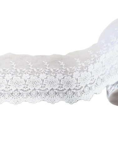 Bobina da 18 m di tulle ricamato fiori smerlati bianco opaco 115 mm
