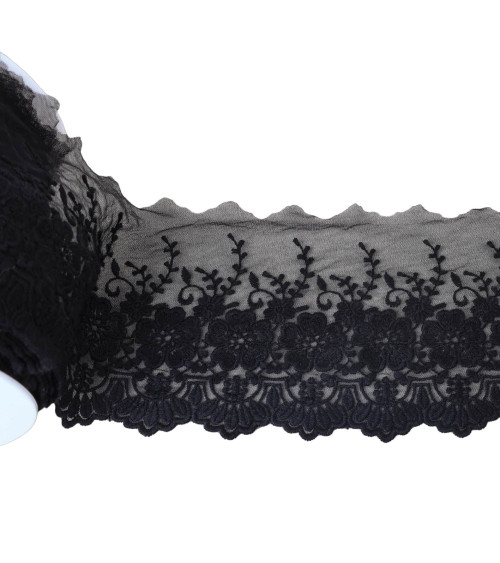 18m spool of tulle embroidered scalloped flowers matte black 115mm