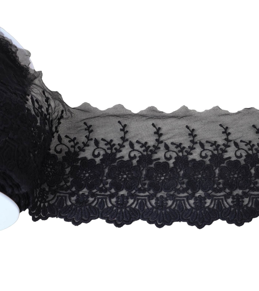 18m spool of tulle embroidered scalloped flowers matte black 115mm