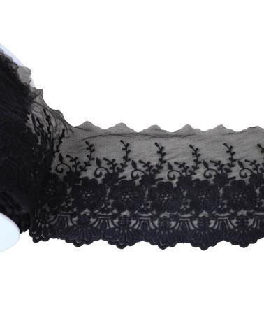Spool of 18m embroidered tulle with scalloped flowers, matt black, 115mm