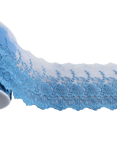 18m spool of embroidered tulle scalloped flowers matte lavender blue 115mm