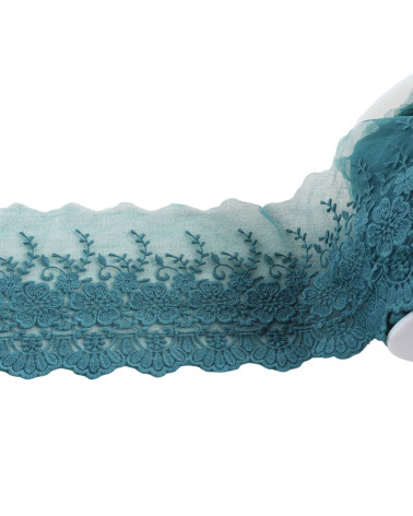 Spool of 18m embroidered tulle with matte duck blue scalloped flowers 115mm