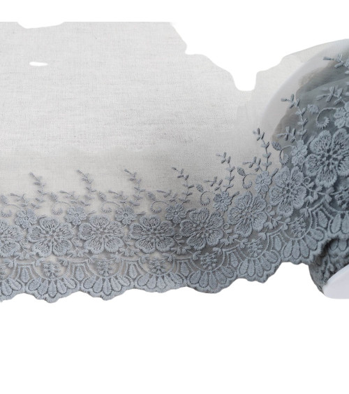 18m spool of tulle embroidered scalloped flowers matt medium gray 115mm