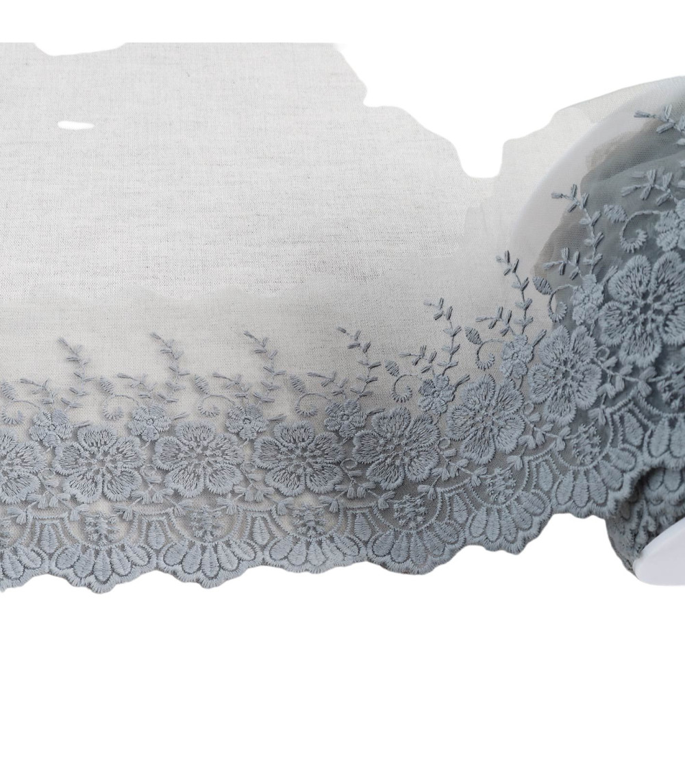 18m spool of tulle embroidered scalloped flowers matt medium gray 115mm
