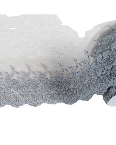 18m spool of tulle embroidered scalloped flowers matt medium gray 115mm