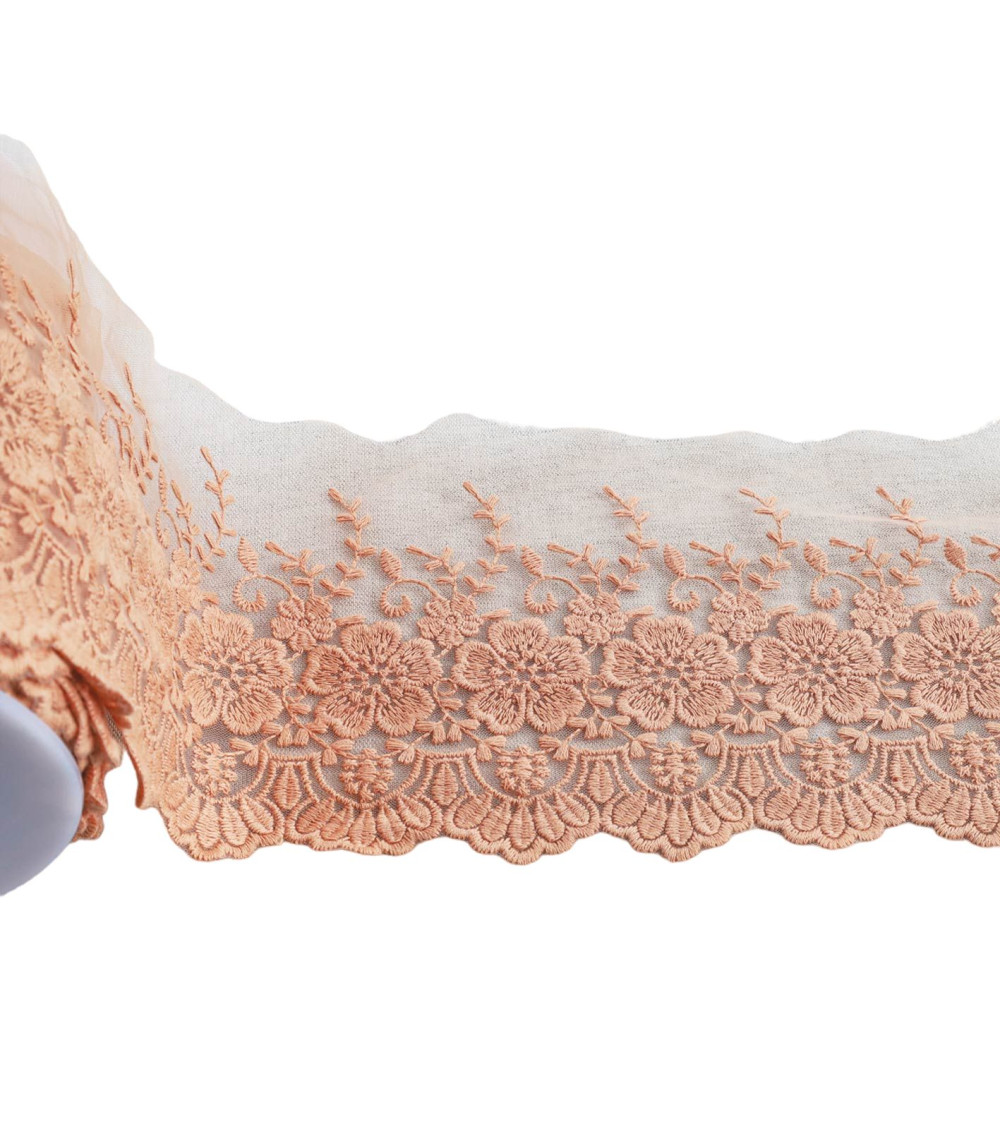 18m spool of tulle embroidered scalloped flowers matt dark beige 115mm