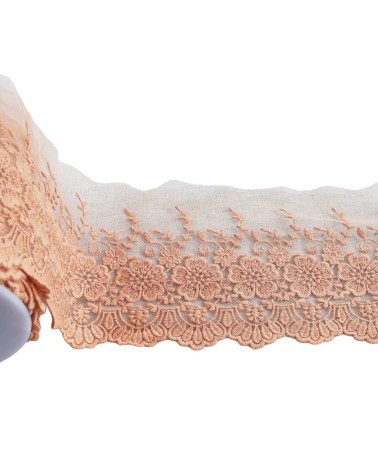 Bobine 18m tullé brodé fleurs festonnées mat beige foncé 115mm
