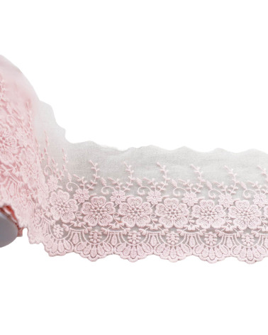 Bobina da 18 m di tulle ricamato fiori smerlati rosa opaco 115 mm