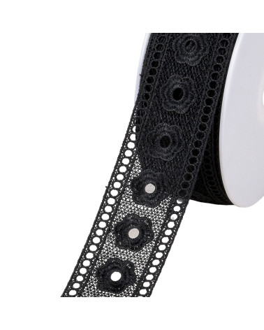 Bobine 18m guipure entre deux fleurs noir 44mm