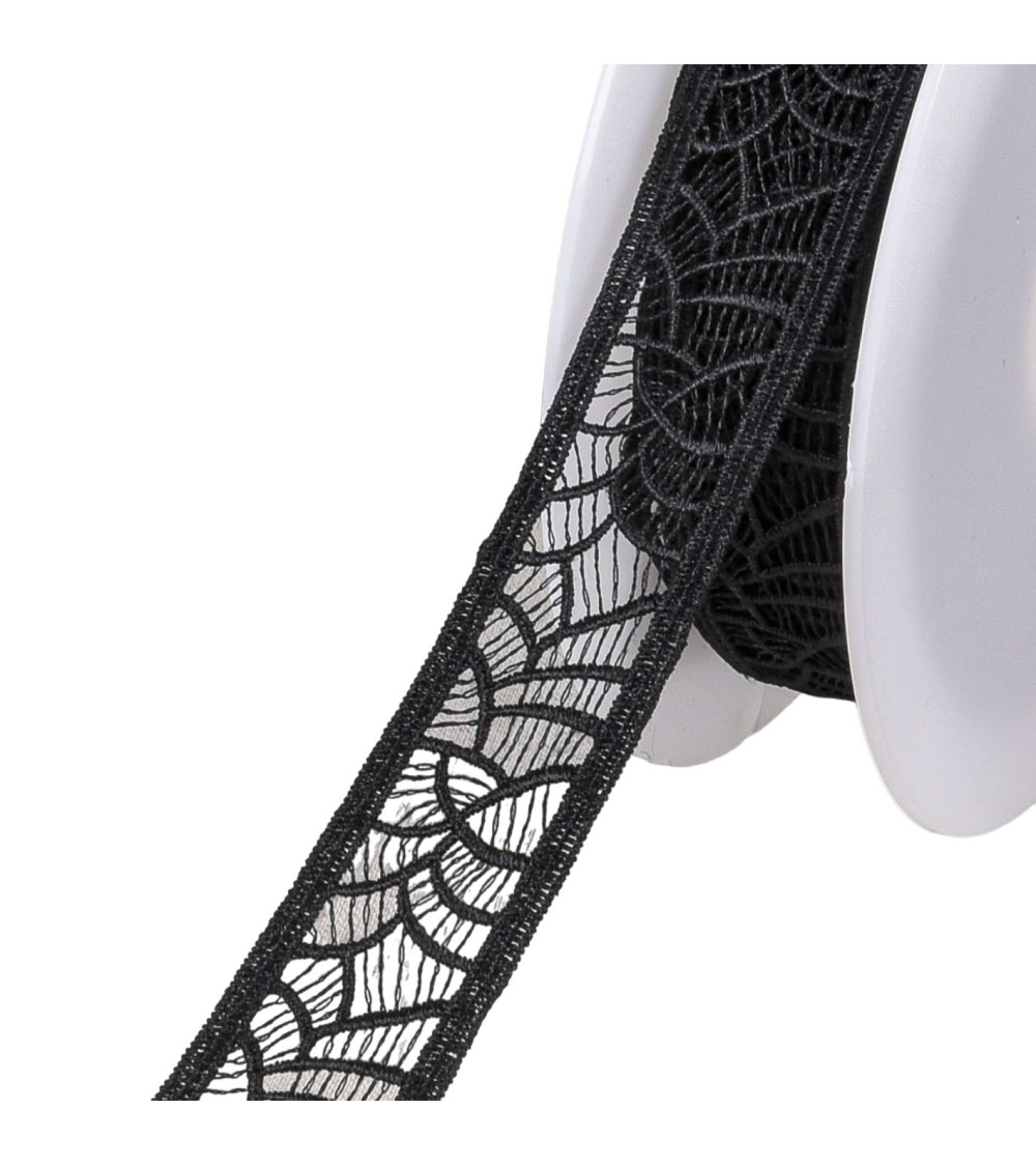 18m spool of guipure between two 27mm black mesh