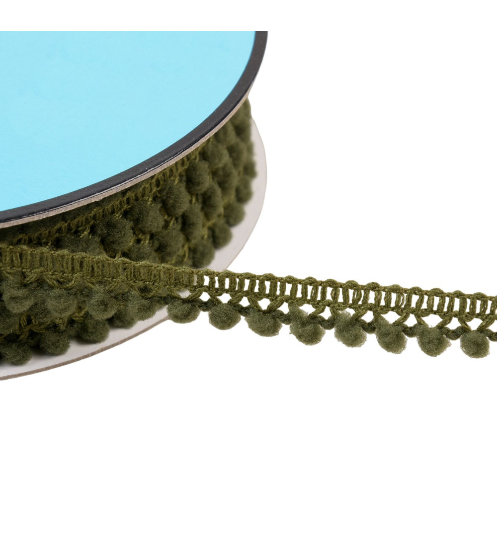 25m spool of small dark khaki green pompoms 10mm