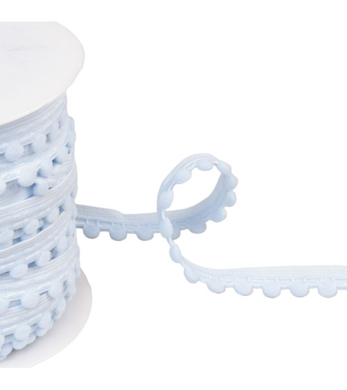 Elastic with pompoms 13mm light blue per meter