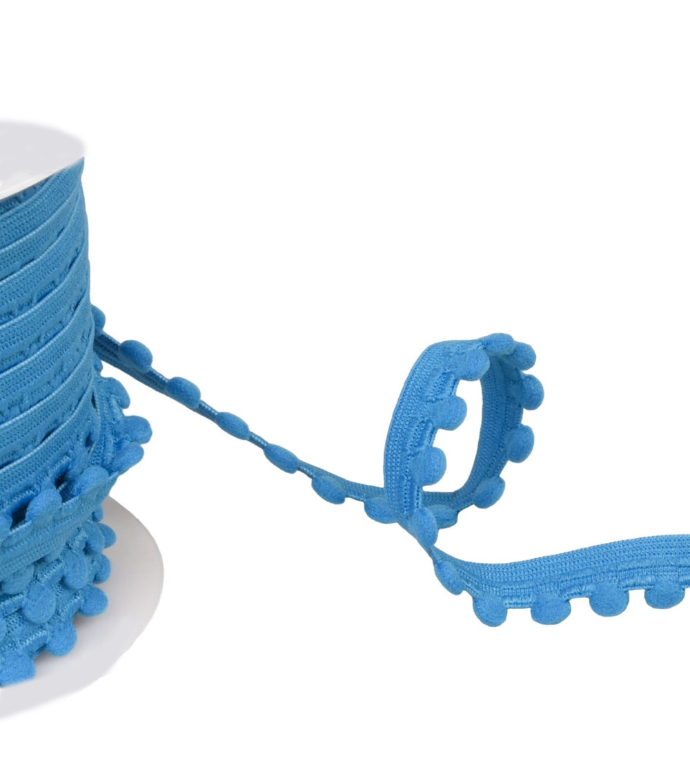 Elastic with pompoms 13mm steel blue per meter