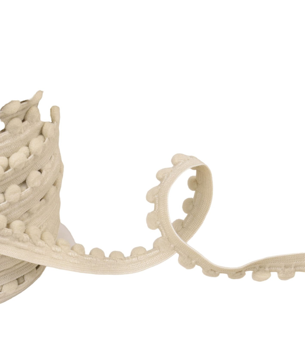 Elastic with pompoms 13mm beige linen per meter