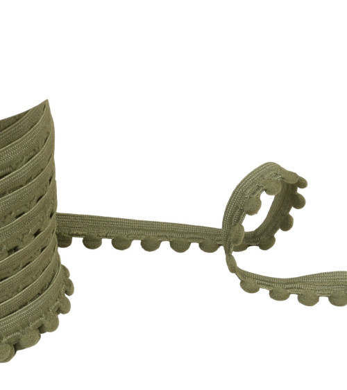 Elastic with pompoms 13mm khaki green per meter