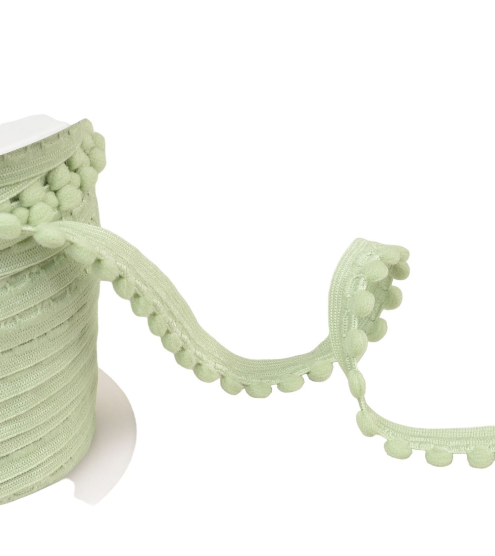 Elastic with pompoms 13mm light khaki green per meter