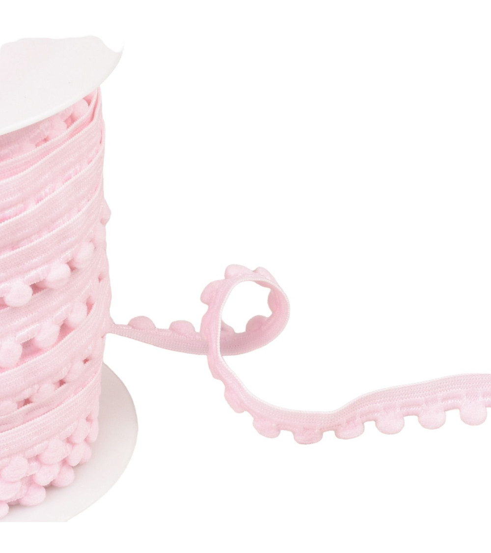 Elastic with pompoms 13mm light pink per meter