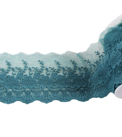 Tulle embroidered scalloped flowers matte 115mm duck blue per meter