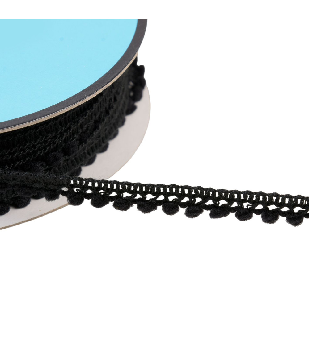 Small pompom braid 10mm black per meter
