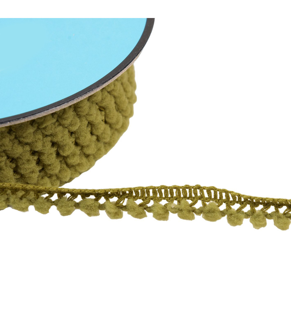 Small pompom braid 10mm khaki green per meter