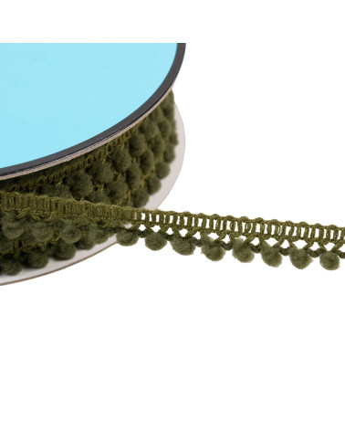 Small pompom braid 10mm dark khaki green per meter