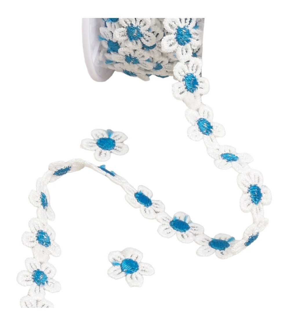 Daisy guipure 13mm white/petroleum per meter