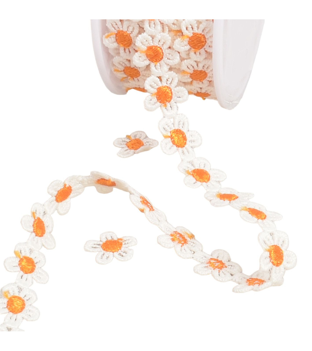 Guipure marguerite 13mm blanc/orange au m�tre