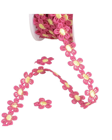 Gänseblümchen-Guipure-Stoff, 13 mm, Fuchsia/Gelb, Meterware