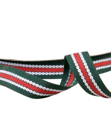Dreifarbiges Geflecht mit Ripsbandeffekt, 20 mm, grün/rot, Meterware