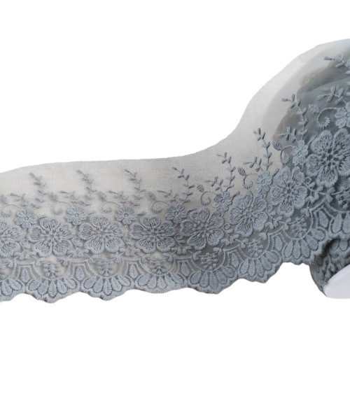 Tulle embroidered scalloped flowers matte 115mm medium gray per meter