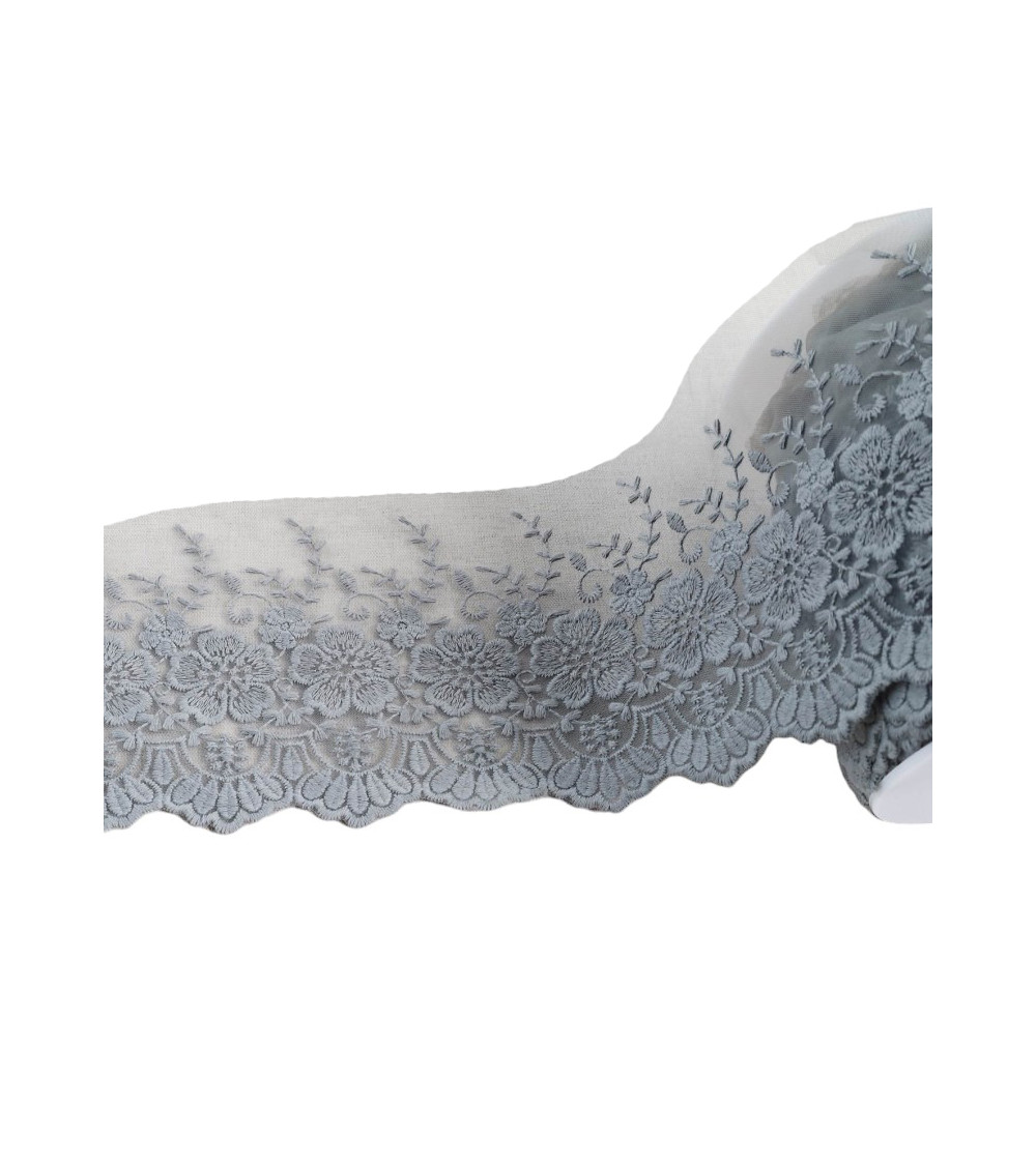 Tulle embroidered scalloped flowers matt 115mm medium gray per meter