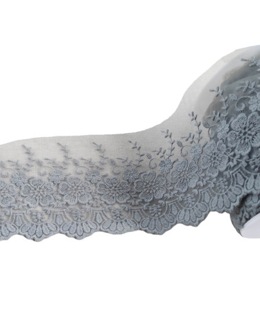 Tulle embroidered scalloped flowers matt 115mm medium gray per meter