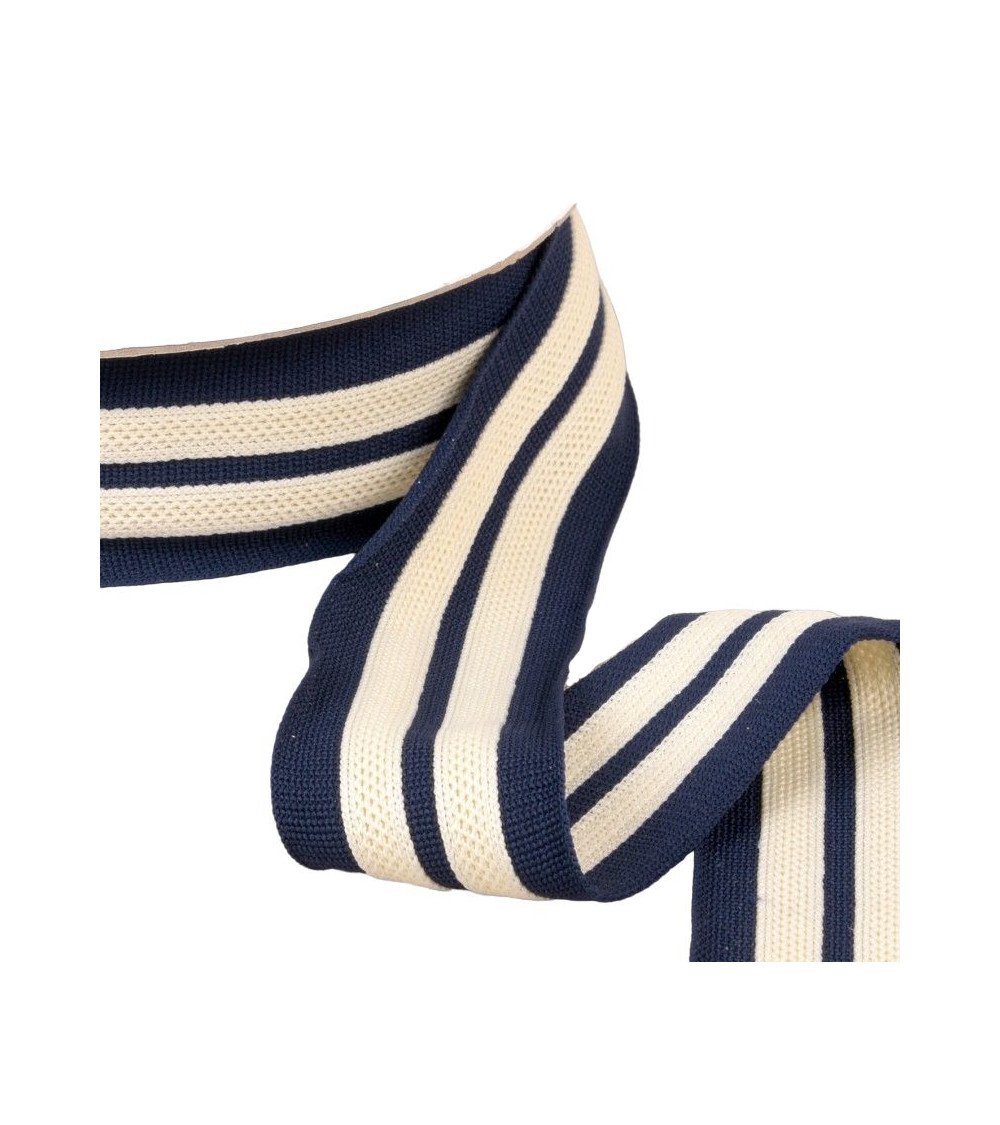 Bobina da 15 m di treccia elasticizzata bicolore 2 strisce navy ecru 50 mm