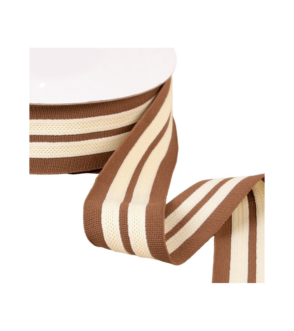 15m spool of two-tone braid, stretchable, 2 brown/ecru stripes, 50mm