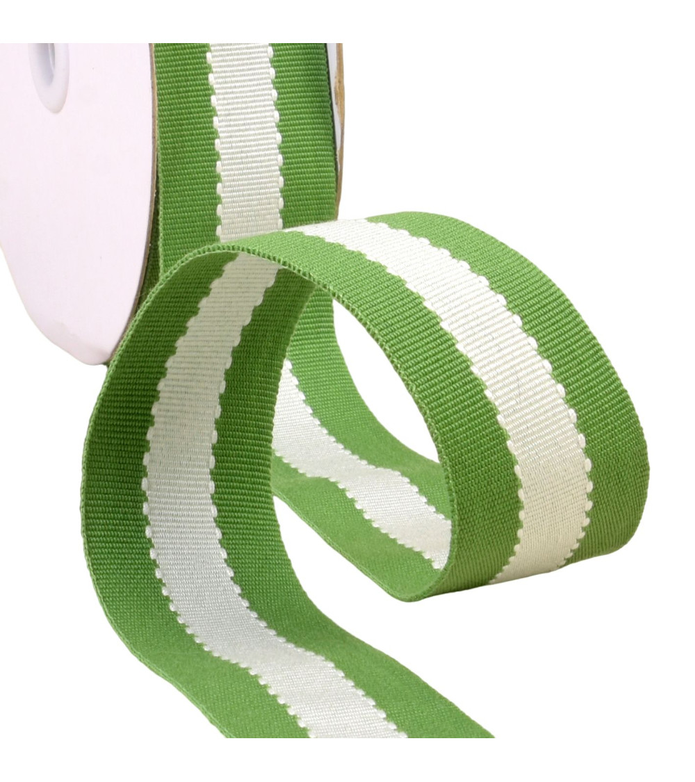 15m reel of two-tone grosgrain-look ecru green braid 40mm