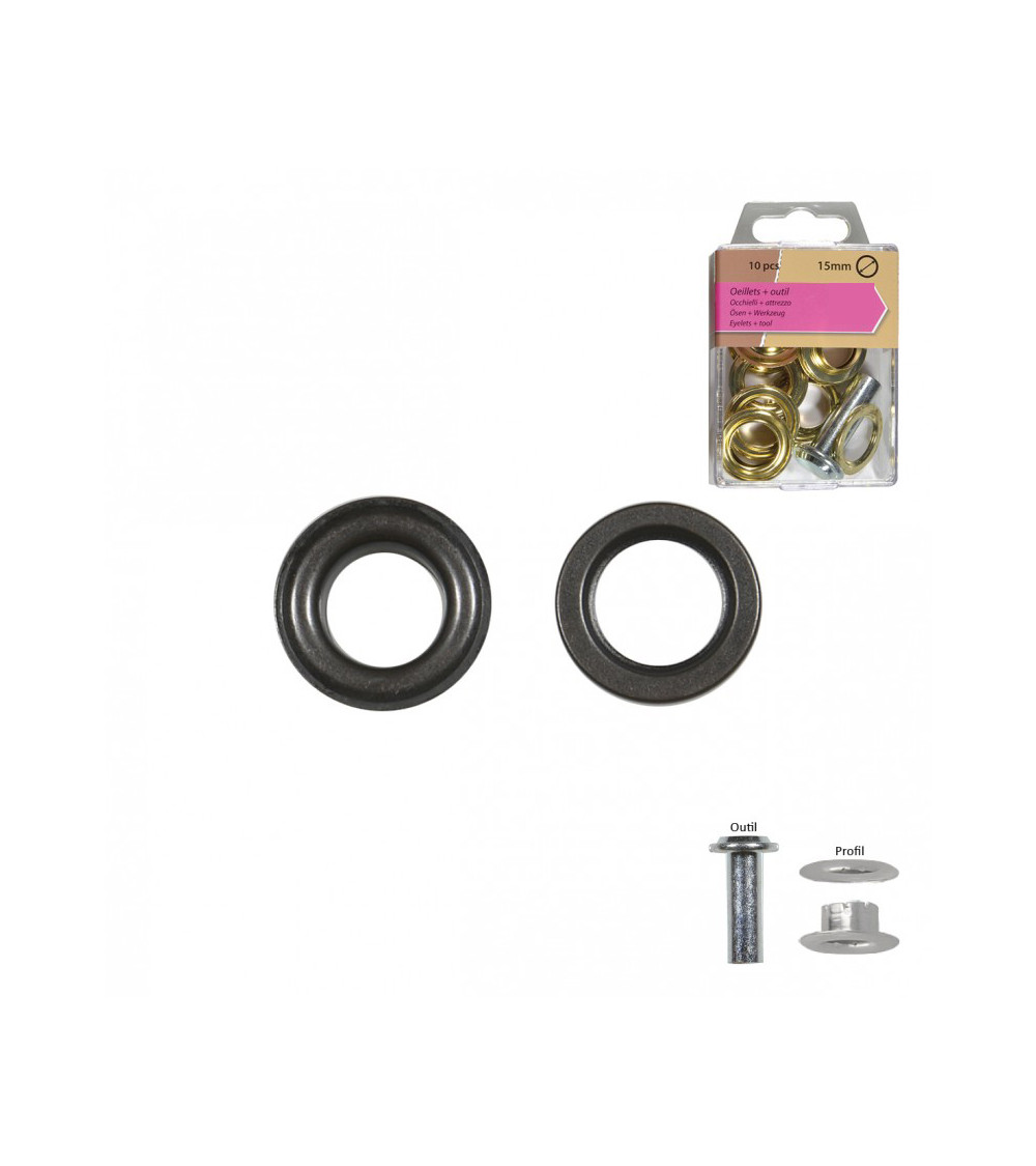 Set of 10 15mm gun barrel color eyelets and tool