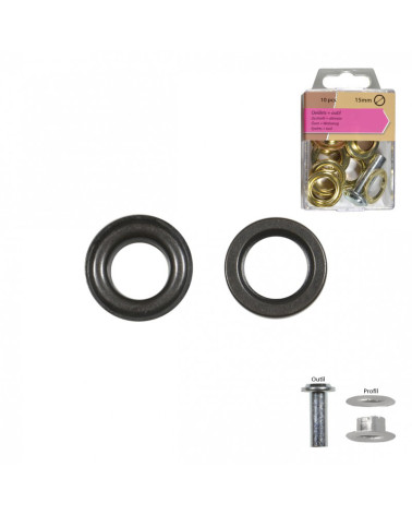 Set of 10 15mm gun barrel color eyelets and tool