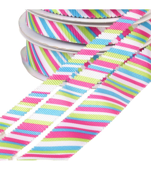 30m spool of multicolor scalloped ribbon green blue pink