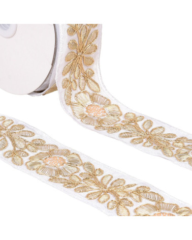 Gestickter Blumenzopf, 45 mm, Weiß/Gold, Meterware