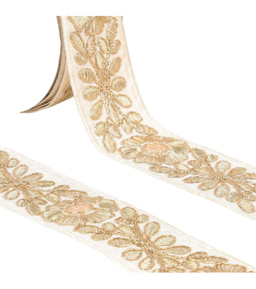 Embroidered flower braid 45mm ecru/gold by the meter