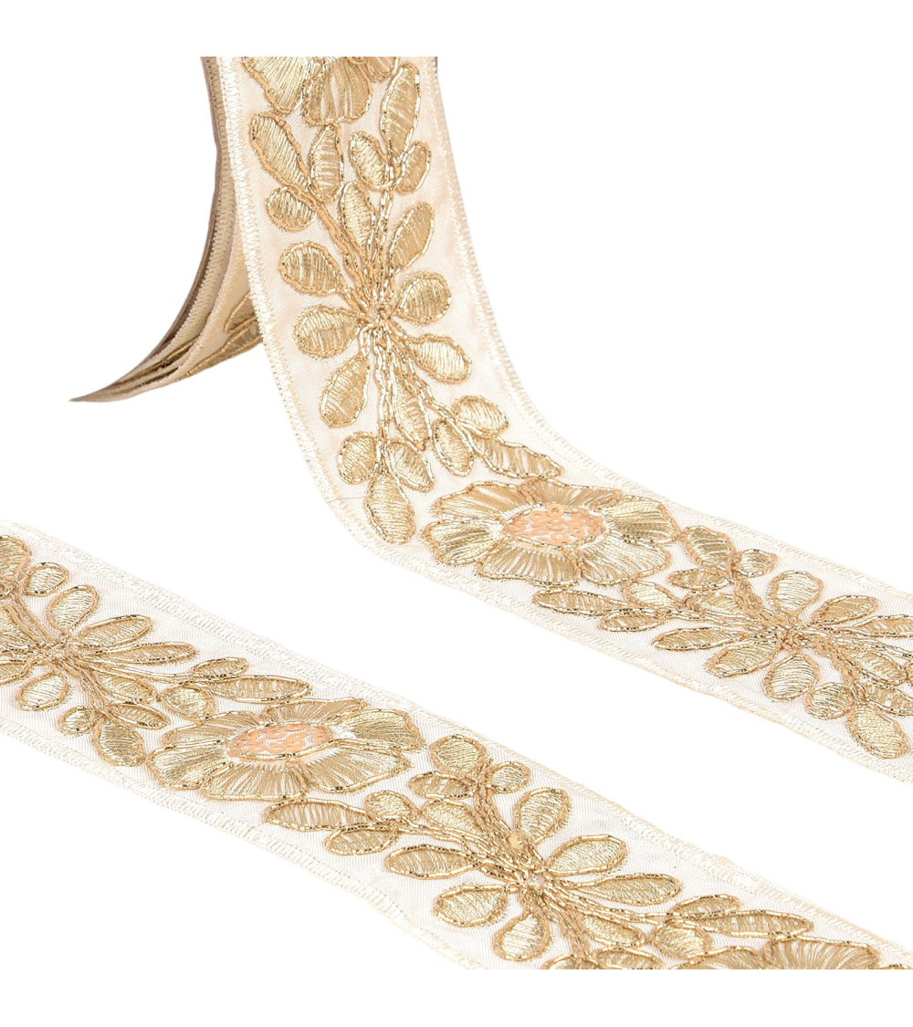 Embroidered flower braid 45mm ecru/gold by the meter