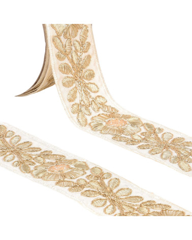 Embroidered flower braid 45mm ecru/gold by the meter
